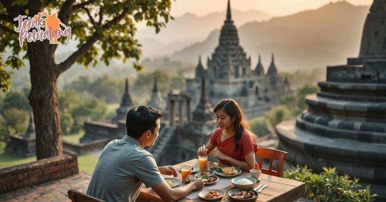 Sarapan Borobudur dengan hidangan khas dan latar belakang megahnya Candi Borobudur.
